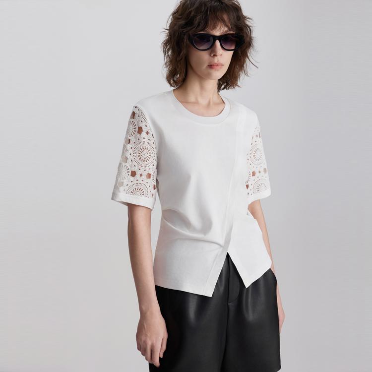 ELLE Cotton Round Neck Top With Hollow Out Split Short Sleeves Women tops White ET47452