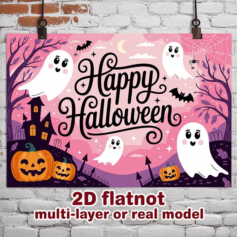 Party Backdrop Halloween Flat Spanish Language Ghosts Pumpkins Spooky Haunted House Photo Booth Background Front Door Decor