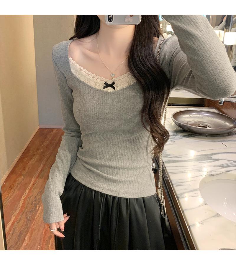 Women's Slim-Fit Ballet Style Grey Square Neck Lace Splicing Long Sleeve Base Layer Top for Autumn and Winter
