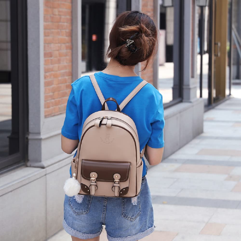 Manukori Women's Small Backpack, Cute and Water-Repellent Leather Backpack for Girls (Khaki)