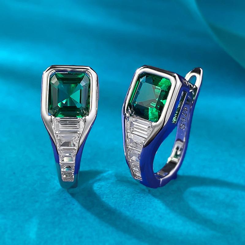 Asscher-Cut Green Zircon & White Diamond S925 Silver Stud Earrings with Ear Clip Style