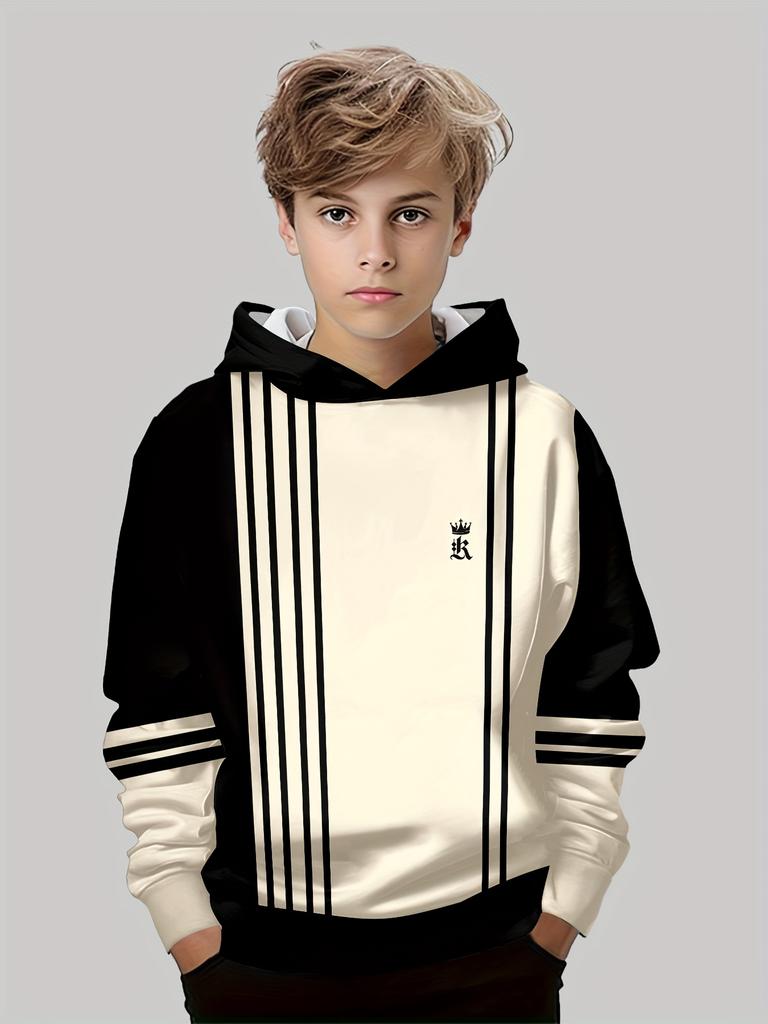 Boys Hoodie Stripe Printed Pullover Long Sleeve Thin Hooded Sweatshirt for Autumn Casual Versatile Classic Color Matching Design