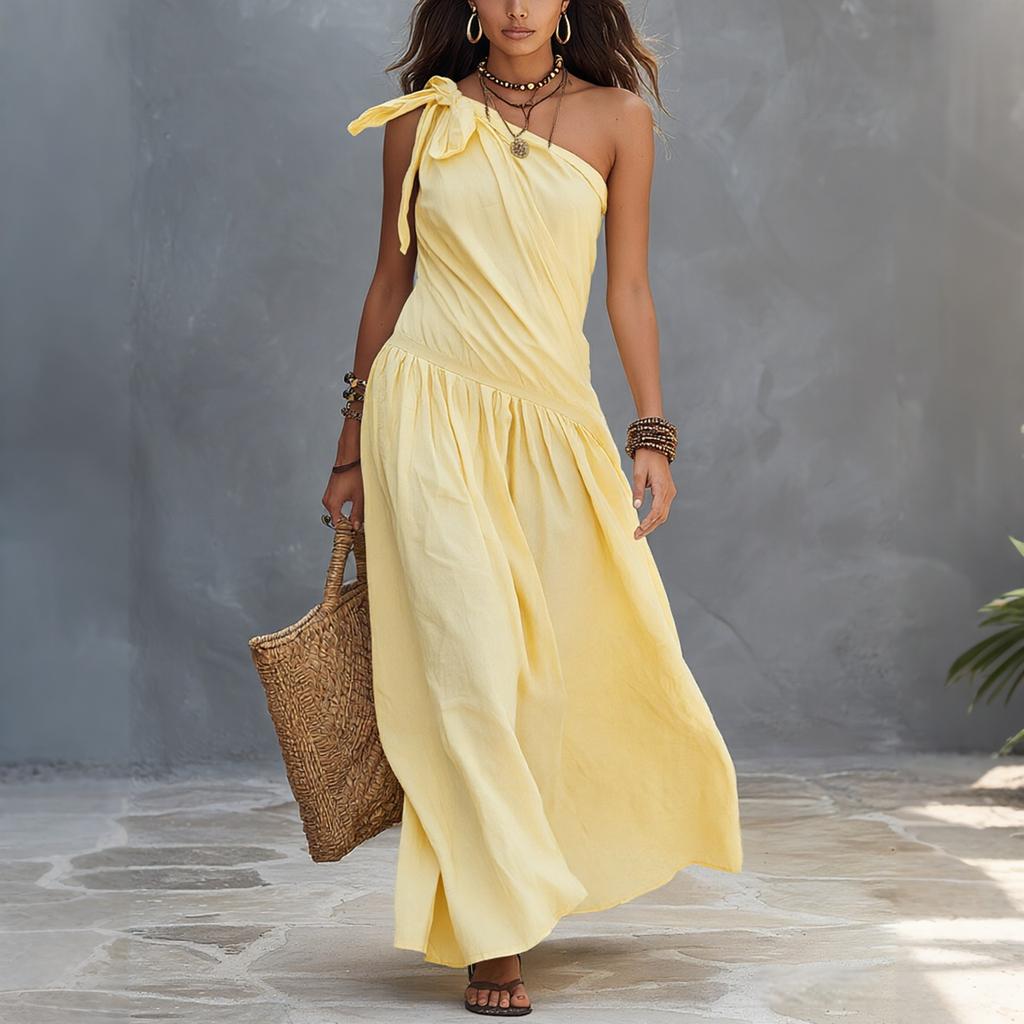 Women One Shoulder Dress Sleeveless Maxi Dress Asymmetric Hem Casual Summer Dress with Ruffle Detail and Tie Strap