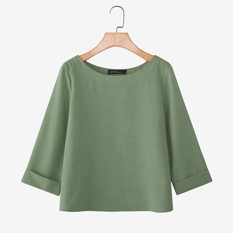 ZANZEA Damen Lässig Rundhals 3/4-Ärmel Einfarbig Locker Bluse