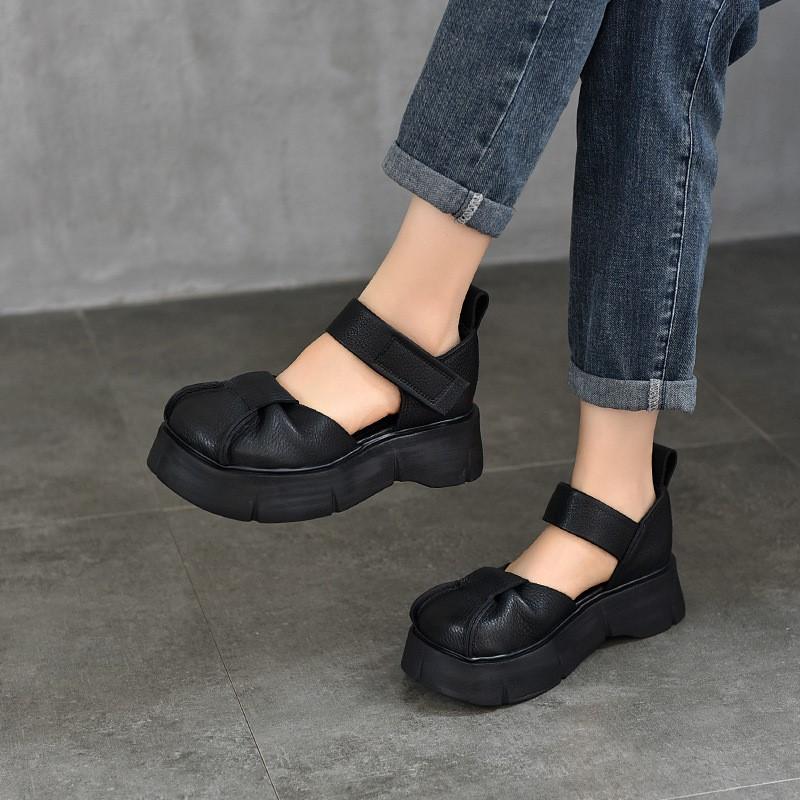 Johnature Ретро легкі сандалі на товстій підошві з натуральної шкіри, римські жіночі туфлі на платформі