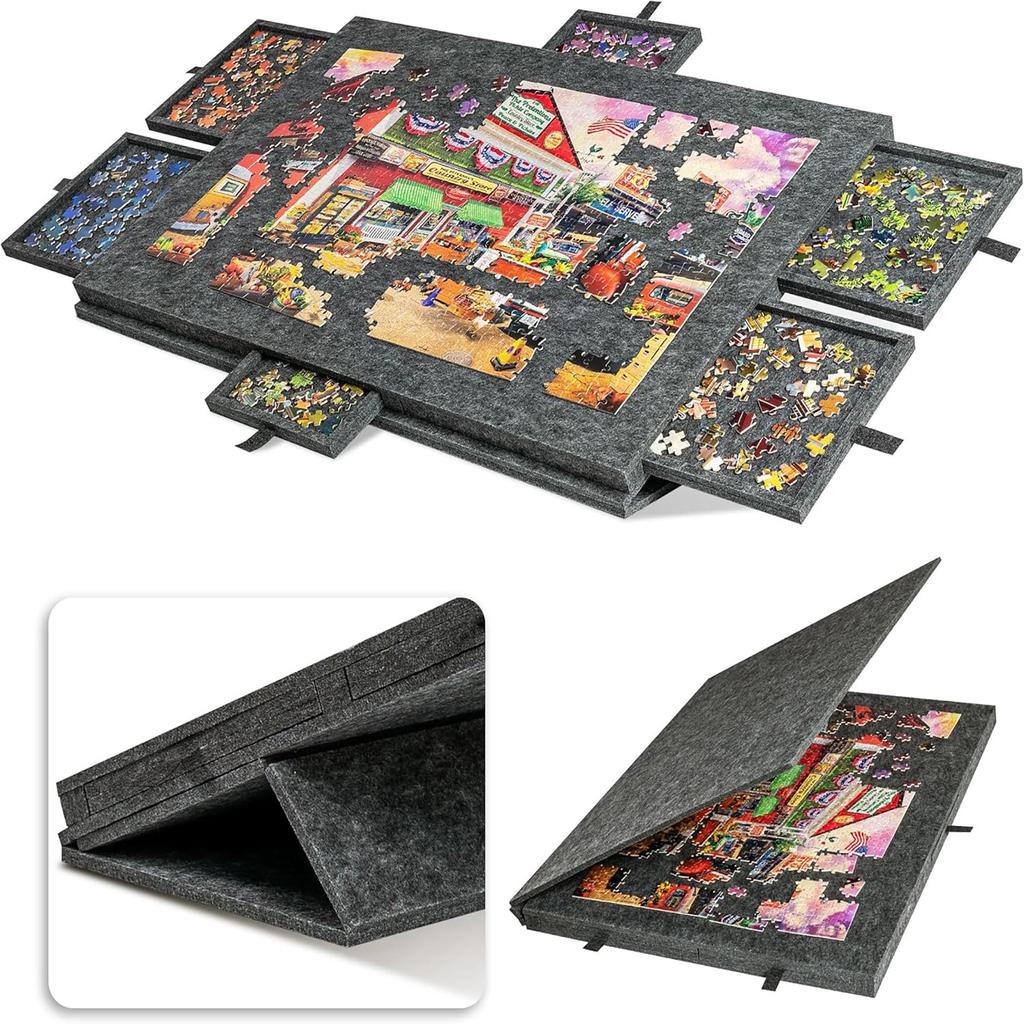 Foldable Children's Puzzle Table with Stand, Cover, and 6 Drawers