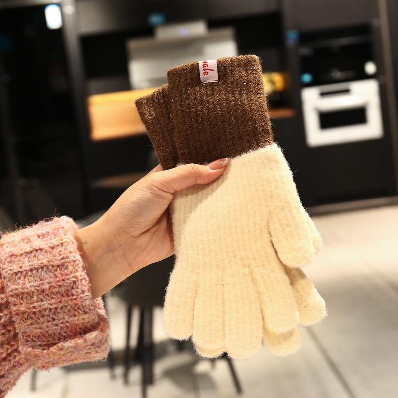 Blue knitted plush gloves for women's winter 2025 new plush warm riding thickened and cold-proof