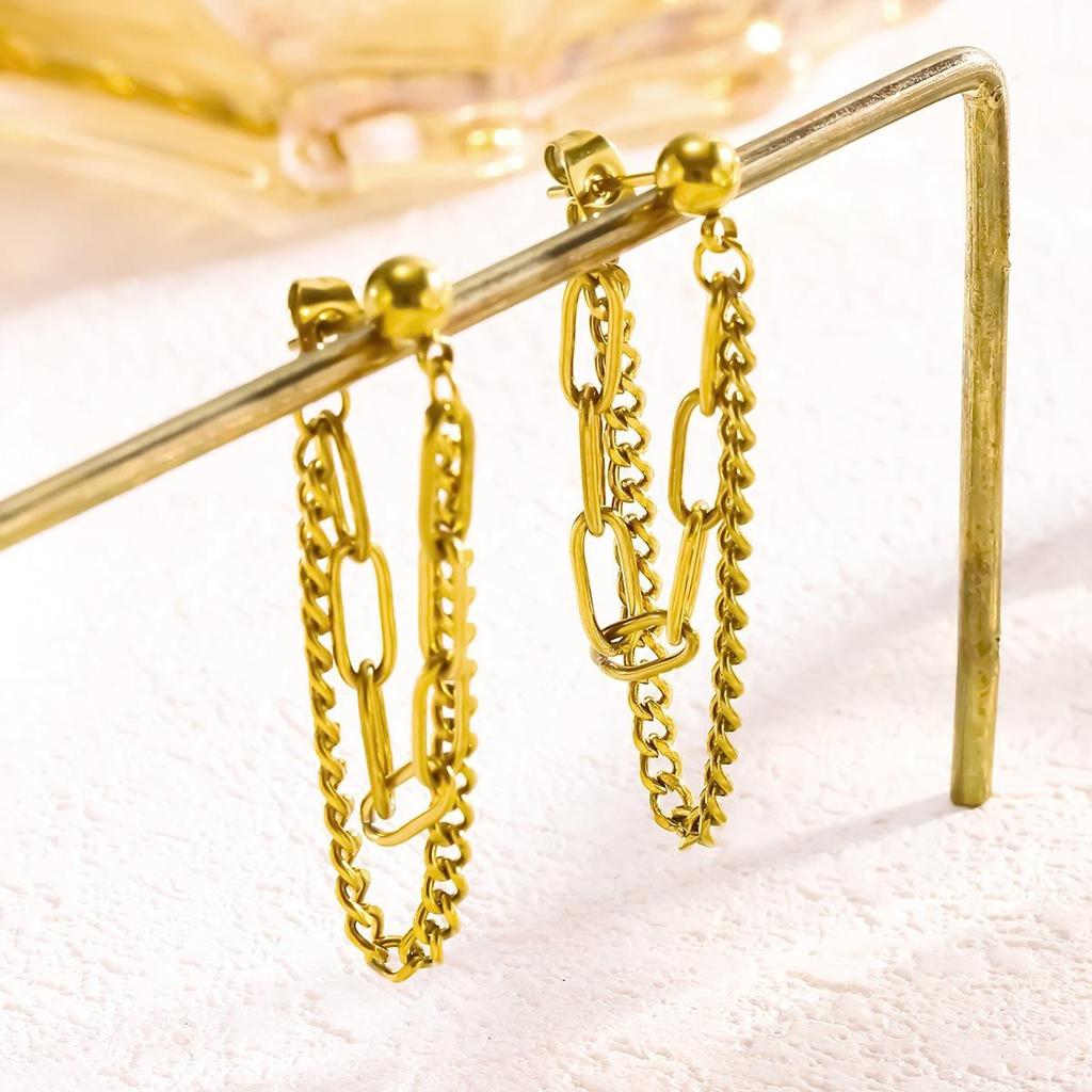 18K Gold-Plated Double Layer Chain Back-Hanging Stud Earrings for Women, Titanium Steel, European and American Style.
