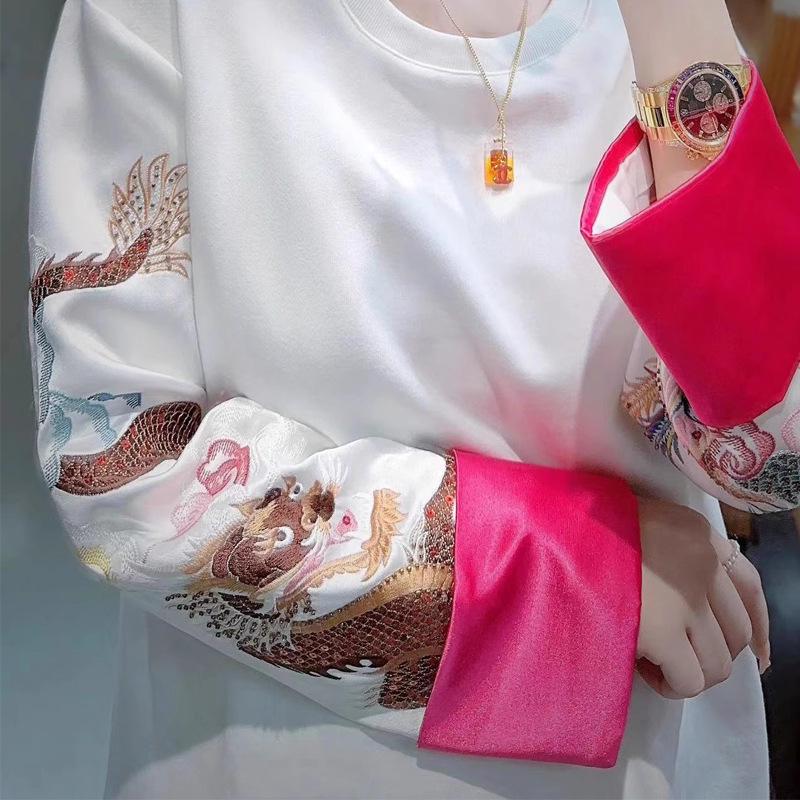 2023 Autumn Women's Acetate Spliced T-shirt: Black Dragon & Phoenix Embroidered Chinese Style Sweatshirt