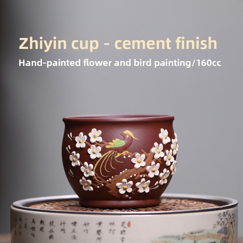 Purple sand mud painting applique flower and bird master cup kung fu teacup large capacity tea cup purple sand cup