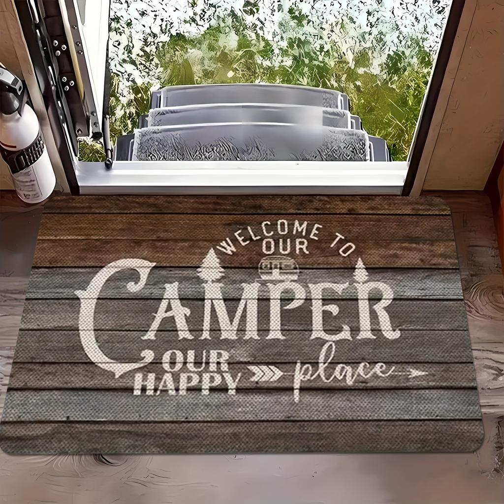 Welcome to our camper, our happy place doormat - RV welcome mat, machine washable, non-slip, perfect for living room, bedroom