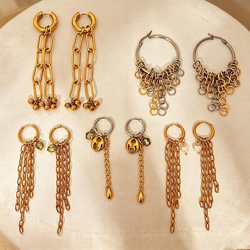 European and American Retro Chain Earrings Contrasting Color Water Droplets Fringed Long Jewelry