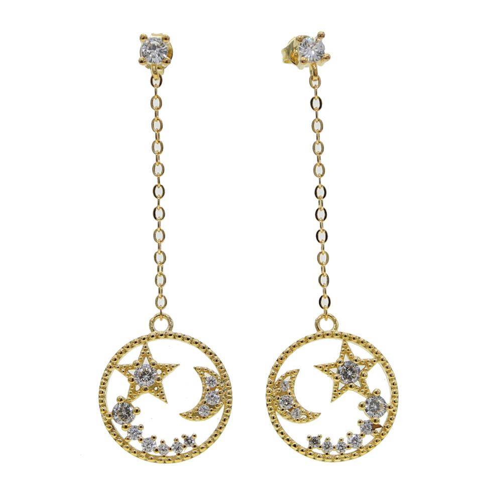 Promotion Geometric Round Circle Engrave Cz Moon Star Long Tassel Chain Dangle Earring for Women Fashion Jewelry