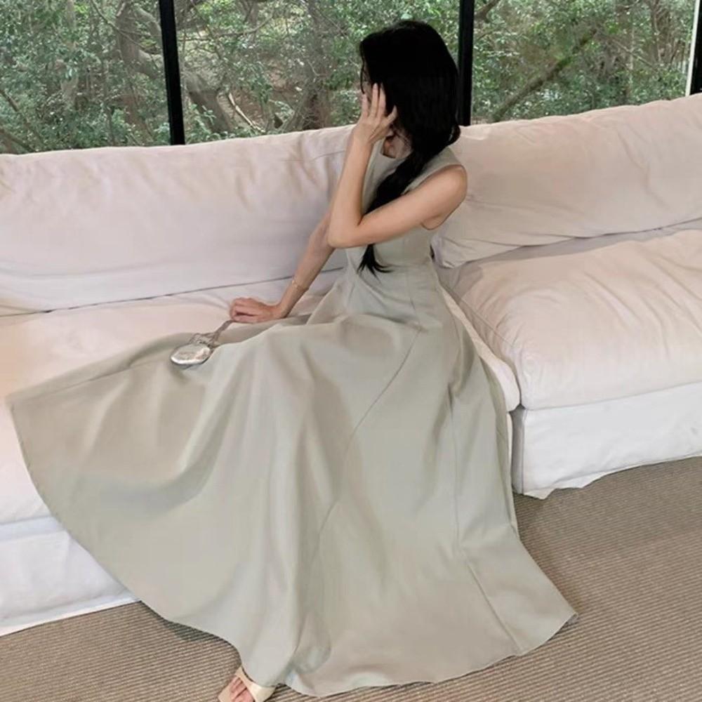 Sleeveless Vest Solid Color Long Skirt Temperament Women Korean Dress Sleeveless Long Dress  Party