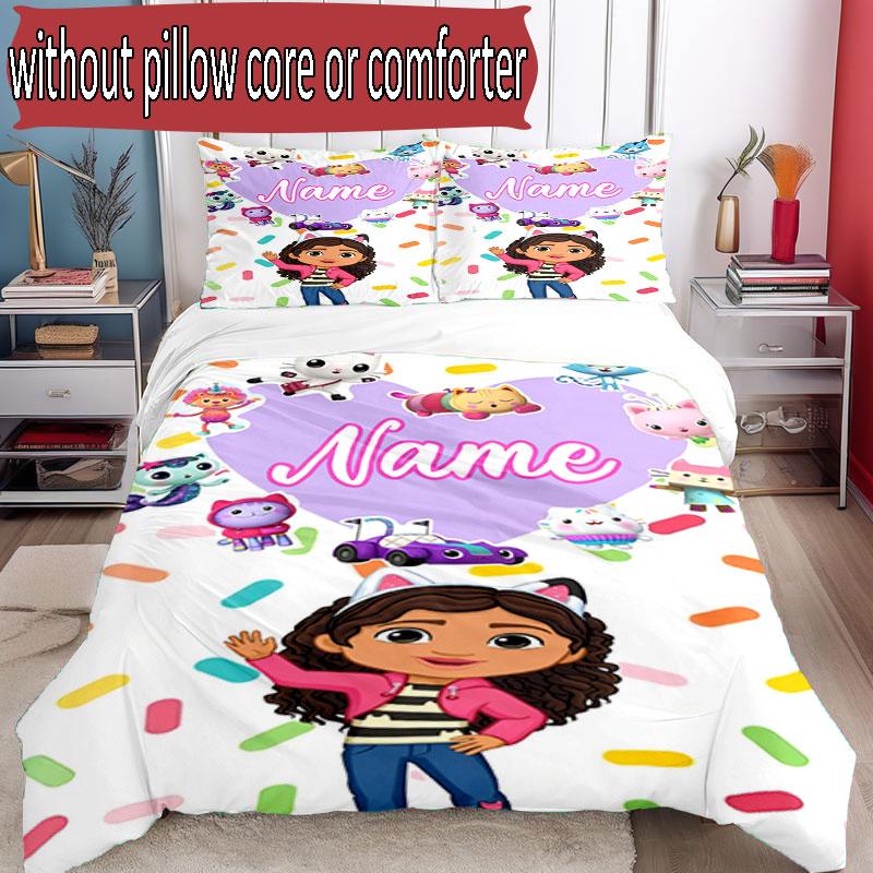 Set copripiumino 3 pezzi (1*Copripiumino + 2*Federe, Senza Nucleo), Set Biancheria da Letto Personalizzato con Nome e Motivo di Gabby's Dollhouse, Regalo Decorazione Camera da Letto