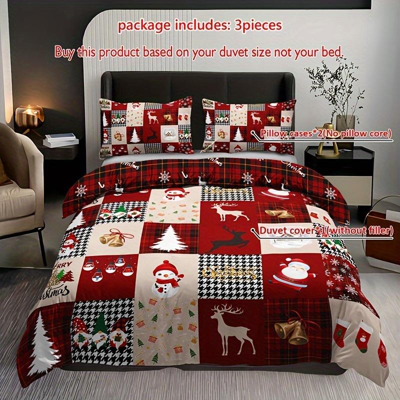 3pcs Christmas Reindeer & Plaid Duvet Cover Set - Includes 1 Duvet Cover and 2 Pillowcases, Breathable Polyester Christmas Gift