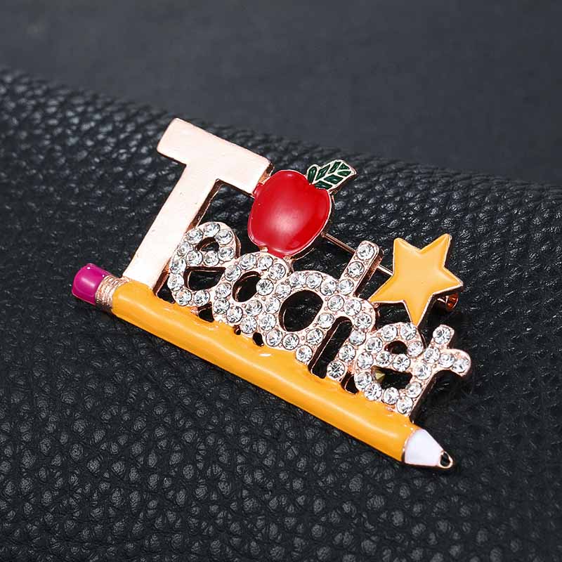 Weiman New Arrival Enameled Beautiful School Pencil Teacher Design Brooches Zinc Alloy Brooch Pins Rhinestones for Party Wedding