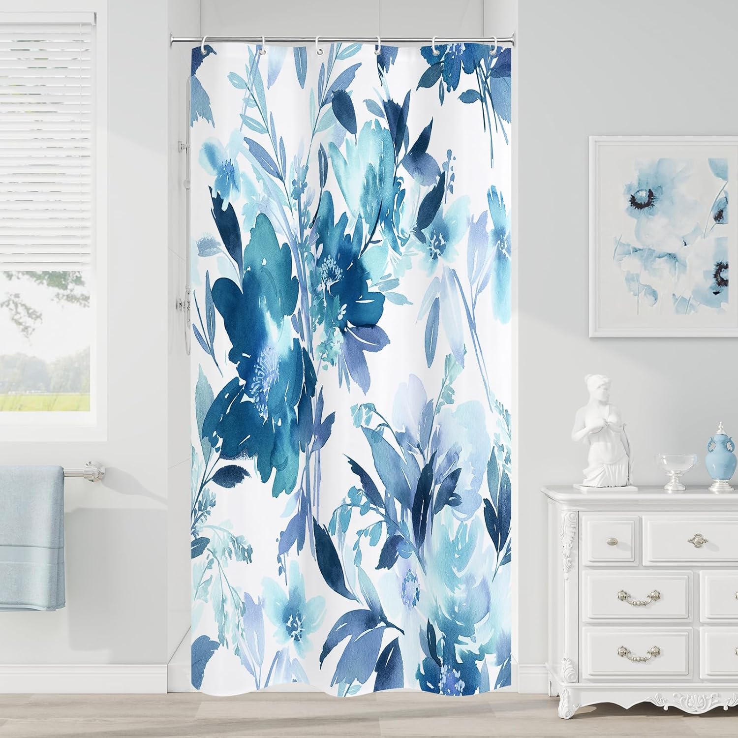 

Blue Watercolor Floral Shower Curtain, Botanical Plant Leaves Design, Waterproof Fabric Set With Hooks W60H190(CM)-1 Pcs