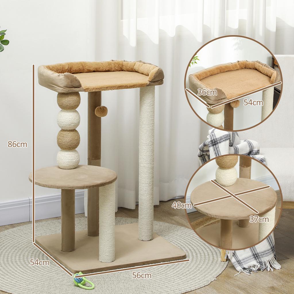 Cat Tree with 2 Levels, Play Ball, Scratching Posts, Scratching Balls, up to 7 kg, 56 x 54 x 86 cm, Brown