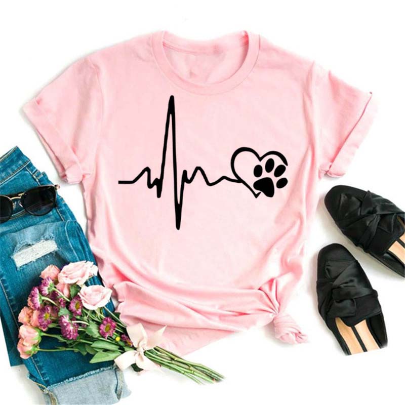 Maycaur Women T Shirt Fashion Dog Heartbeat Print T-shirt Funny 90s Print T Tee Womens Tshirt for Female Red Shirt Clothes Tops