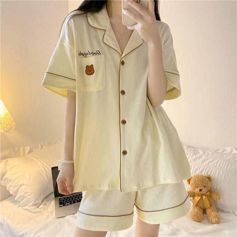 Letní pyžamo Dámské šortky s krátkým rukávem Mašle Volný Cardigan Léto lze nosit jako sadu domácího oblečení