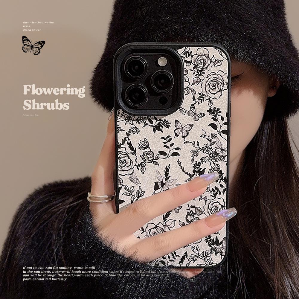 Stylish Ins Rose Flower Apple 15 Phone Case 14pro Max Leather 11 Suitable for IPhone16 Artistic 12