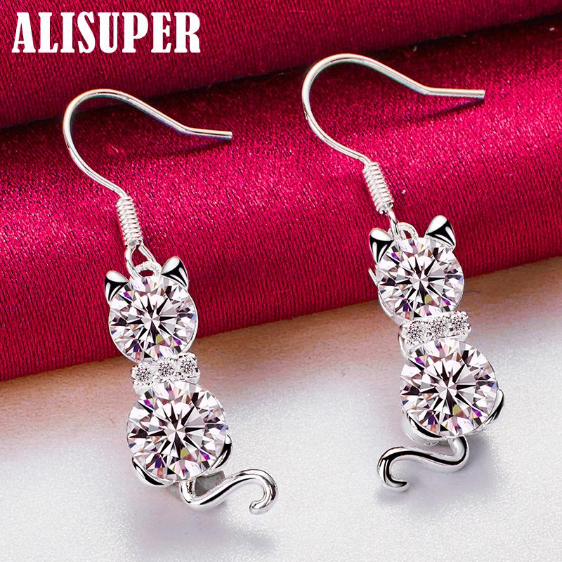 925 Sterling Silver Cat AAA Zircon Drop Earring Jewelry