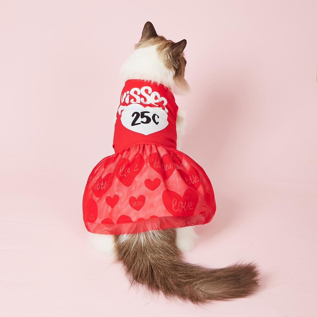 Dog Dress for Small Dogs Costume Kisses Heart Printed Puppy Clothes with Tulle Doggie Pet Cat Comfort Clothes Apparel Valentine