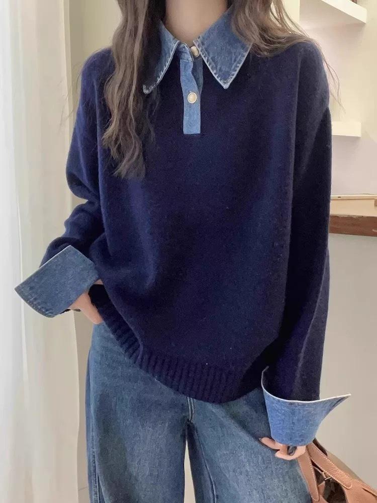 Women's Loose Polo Collar Denim Patchwork Two-Piece Sweater - Autumn Winter 2026 Knitwear Fashion Top