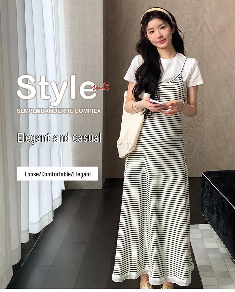 2026 Summer Casual Maternity Two-Piece Set: Short-Sleeved T-Shirt + Striped Slimming Overalls Skirt