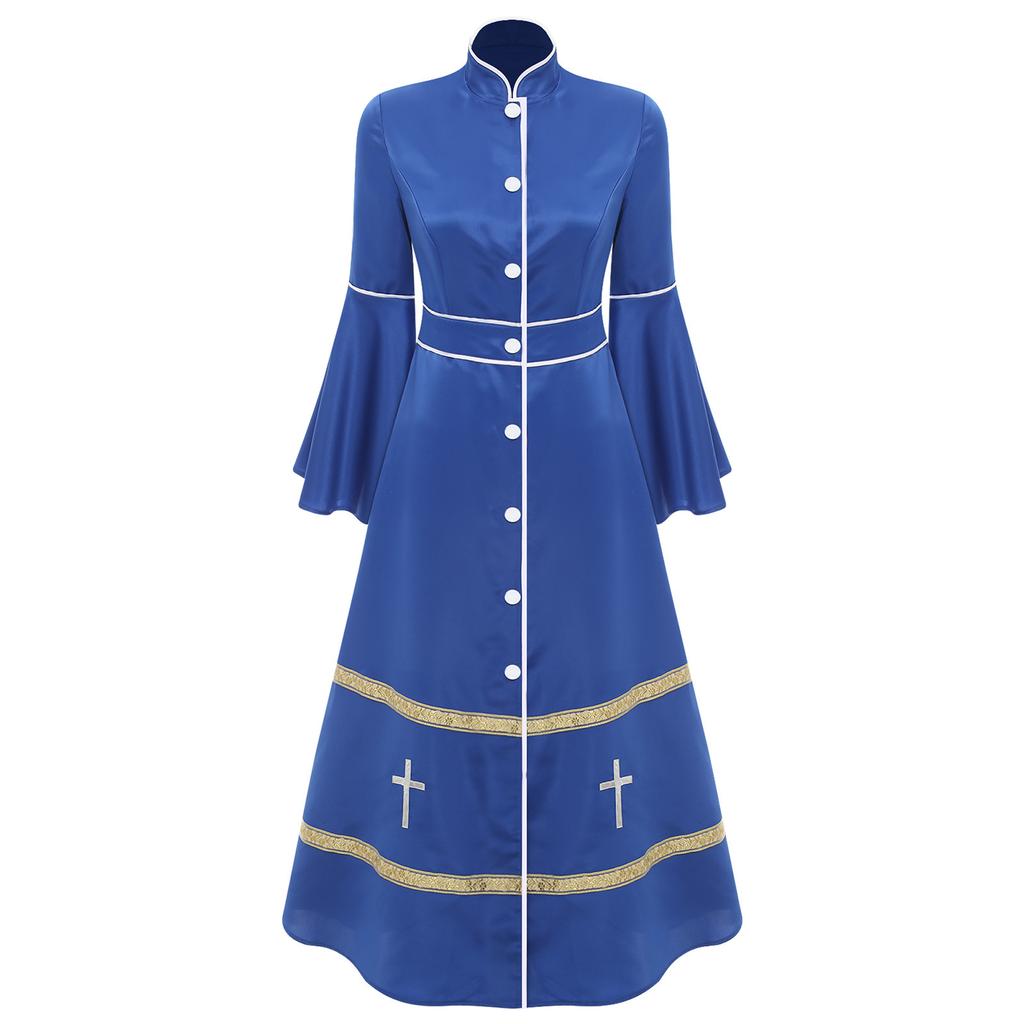 Rochie Clericală de Damă cu Mâneci Lungi și Nasturi, Costum Casacă, Biserică, Pastor, Cosplay, Veșminte Liturgice, Ținută de Pitic