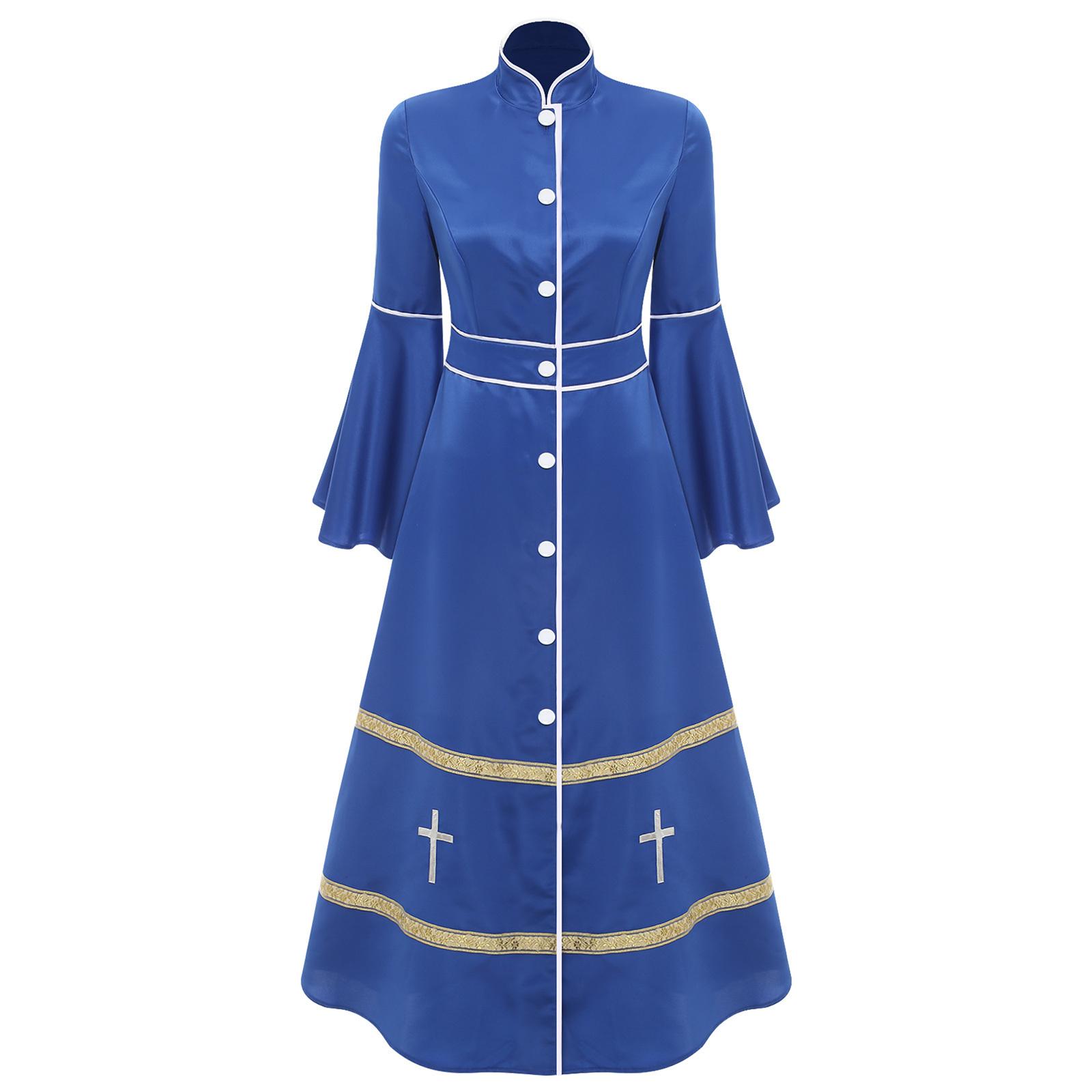 

Женское духовное служение, мантия с длинным рукавом, ряса на пуговицах, костюм церковного пастора, литургическое облачение, наряд для амвона S королевский синий