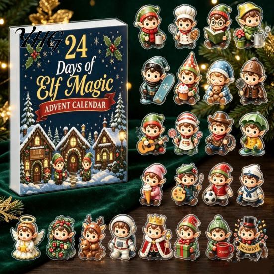 Cute Cartoon Elf Collectibles Magic Advent Calendar, 24 Day Acrylic 2D Ornament Set with Unique Christmas Gift for Children Mini Figures, Tree Hanging