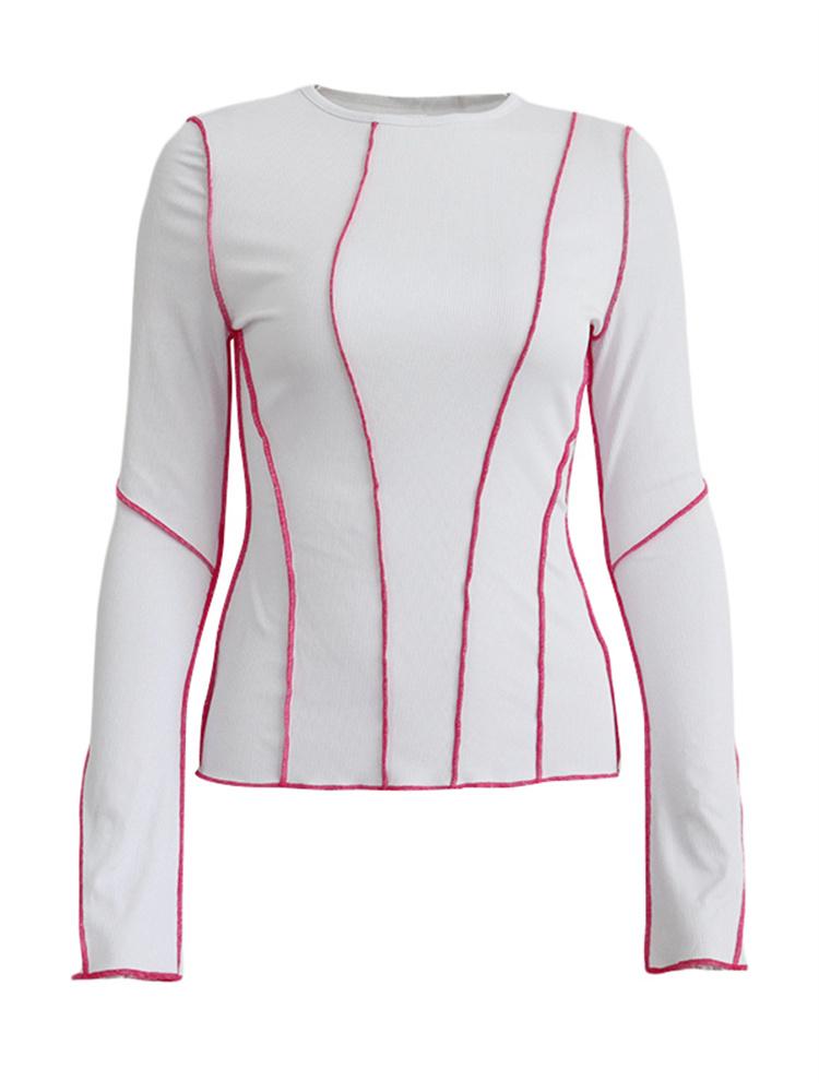 

Женские лоскутные футболки, шикарные повседневные трикотажные футболки в рубчик с длинными расклешенными рукавами и круглым вырезом, весенне-осенний уличный топ L белый