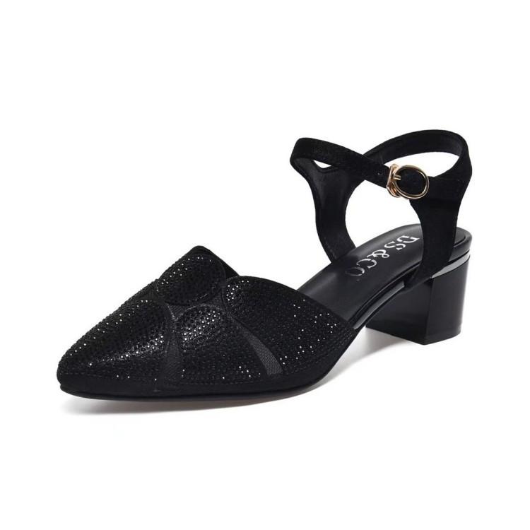 2025 summer new pearl rhinestone bag head medium high heel sandals women's thin heel fashion wrap bag heel large size women's shoes