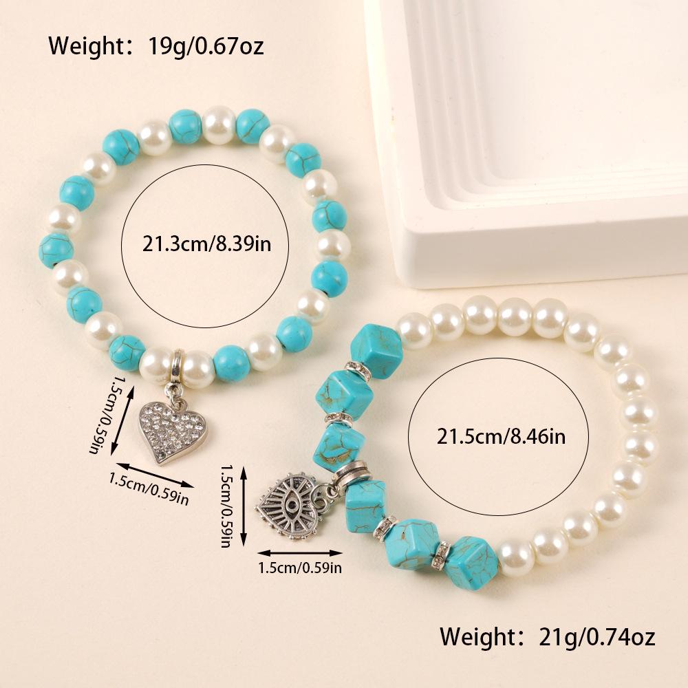 Pearl Turquoise Beaded Bracelet with Heart Pendant - Fashionable DIY Elastic Design for Women