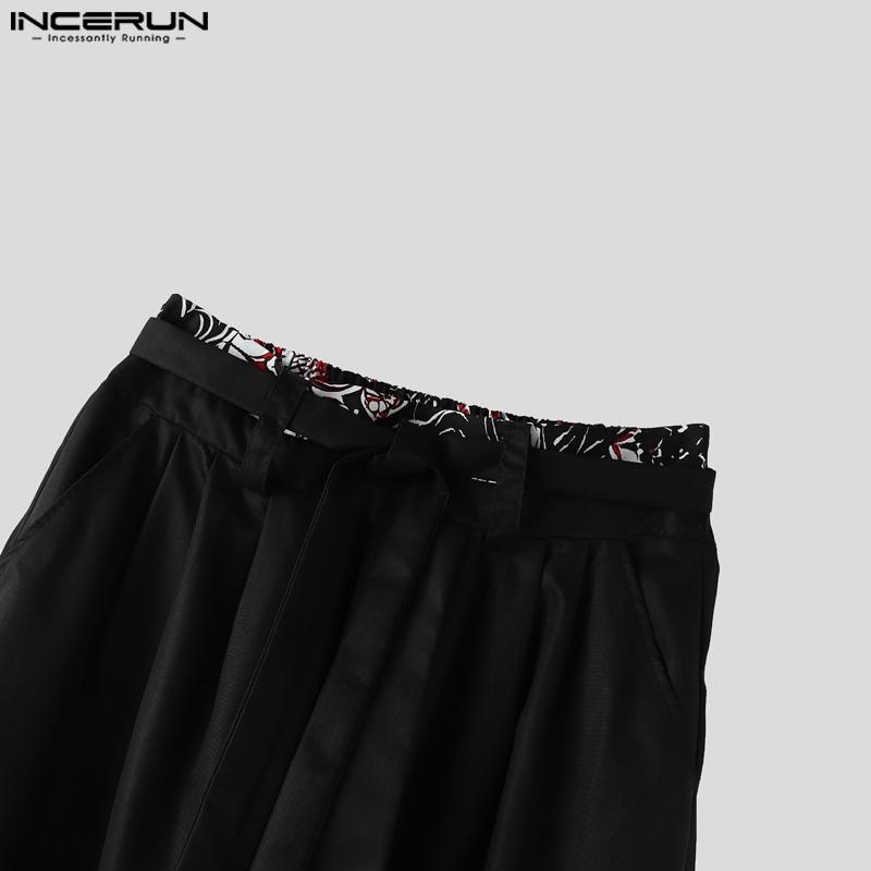 INCERUN Men Elastic Waist Floral Print Bandage Casual  Long Wide Legs Pants