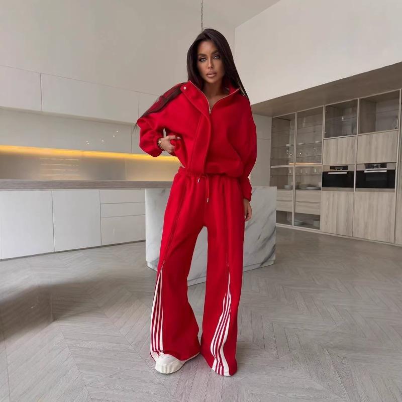 Spring and Autumn Casual Suit Women's High-end Pull-up Strips Contrasting Color Sweater Straight Trousers Two-piece Set