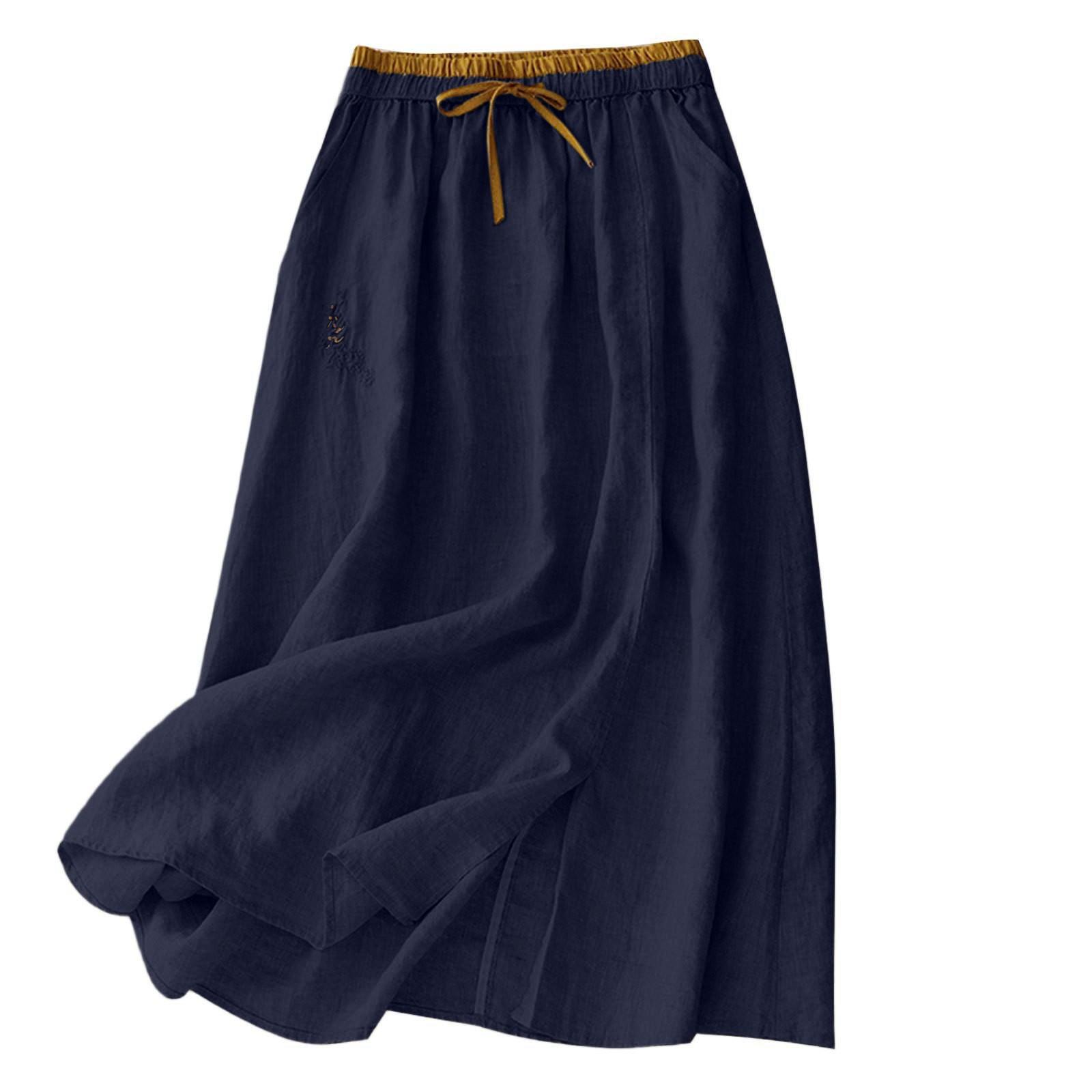 

Women s Color Cotton And Linen Half Skirt Casual Mid Length Elastic Casual Half Skirt XXL синий