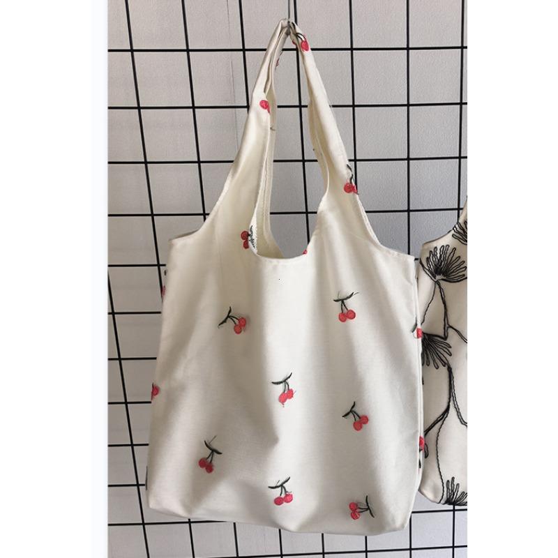 Embroidery Shoulder Canvas Bag Reusable Portable Large Capacity Foldable Storage Bag Shopping Bag Lady Handbags Bolsa Feminina