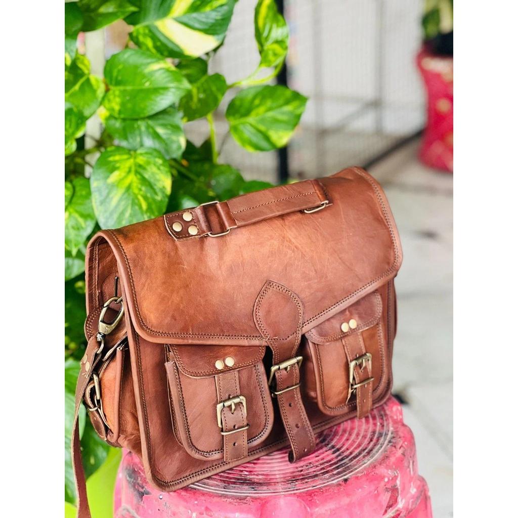 Pro Leather Laptop Bag Men's Vintage Messenger Genuine Briefcase Brown Satchel