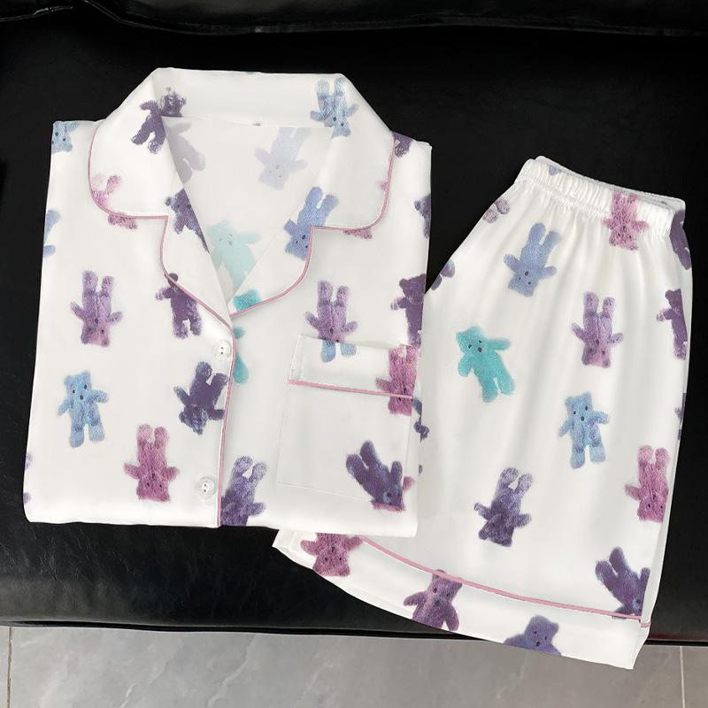 Casual Cartoon Bear Ice Silk Pajamas Girl Summer Thin Short-Sleeved Shorts Can Be Worn Outside Loungewear Suit