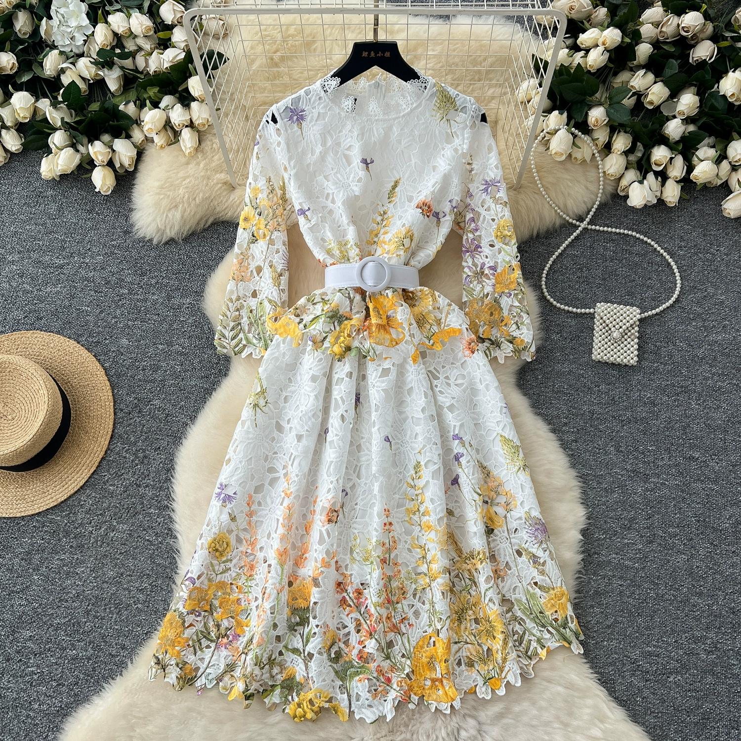 

Осенние роскошные кружевные платья с цветочным принтом, женское элегантное платье с воротником-стойкой и вышивкой, облегающее вечернее платье с высокой талией 2XL