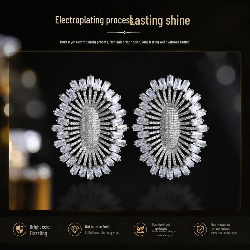 European American Luxury Zircon Earrings: Fashionable S925 Sterling Silver Hollow Ear Studs for Women
