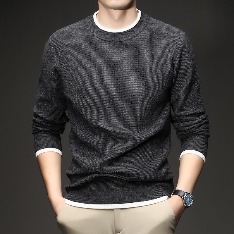 Men's Long Sleeve Round Neck Knit Sweater - Spring & Autumn Style, Fashionable Waffle Knit for Young and Middle-aged Individuals