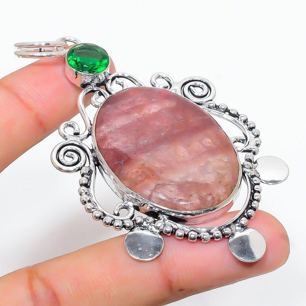 Strawberry Quartz, Peridot 925 Sterling Silver Jewelry Pendant 3.27" O7D19