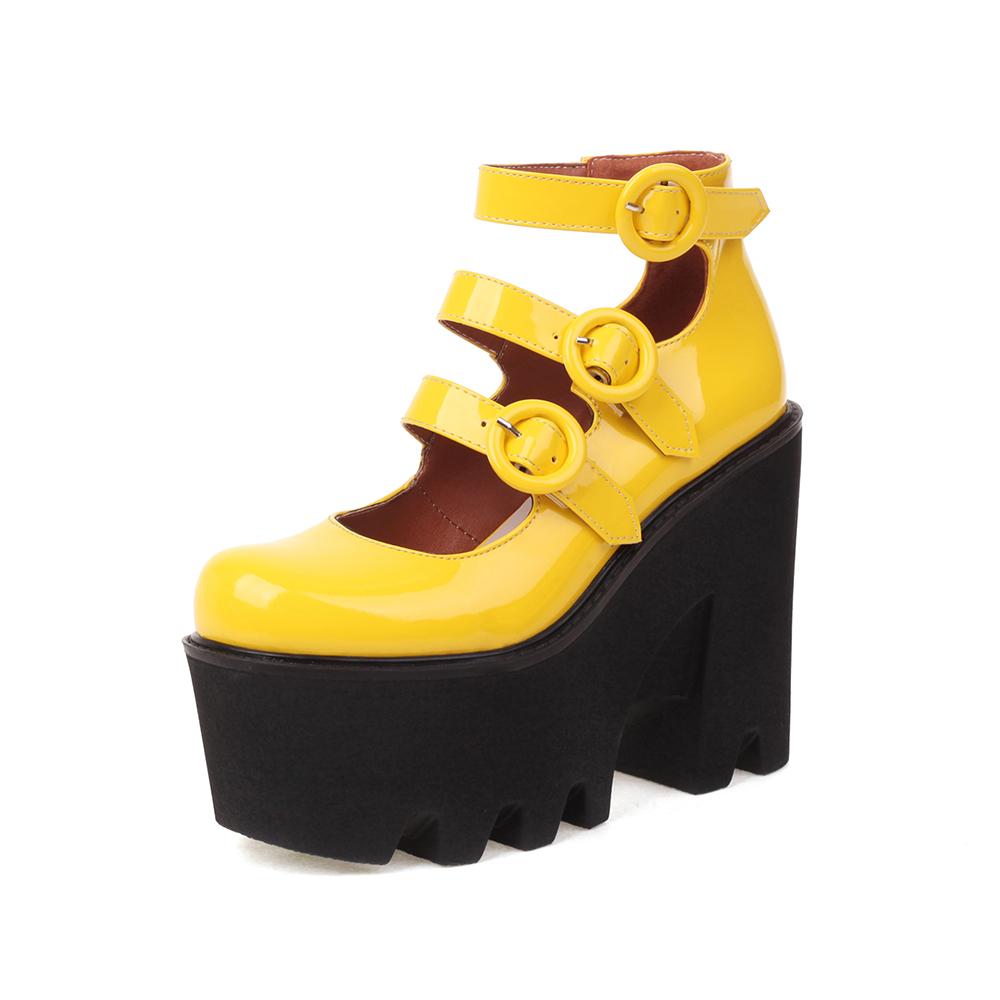Three Rows Of Round Buckle Super High Wedges Sexy Women's Pumps Bright Patent Leather Super High Platform Women's High Heels