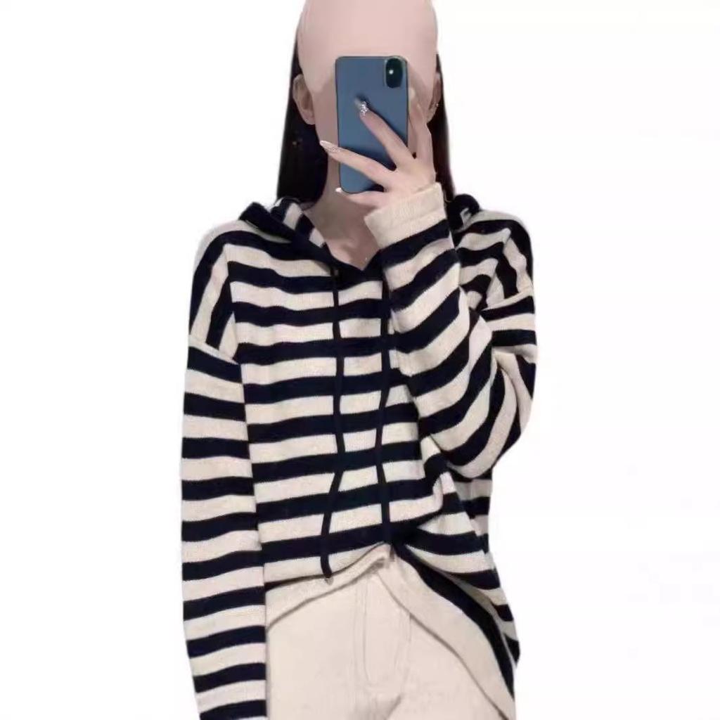 Women's Hooded Striped Knit Pullover Sweater - Loose Fit, Long Sleeve, Autumn/Winter Style.
