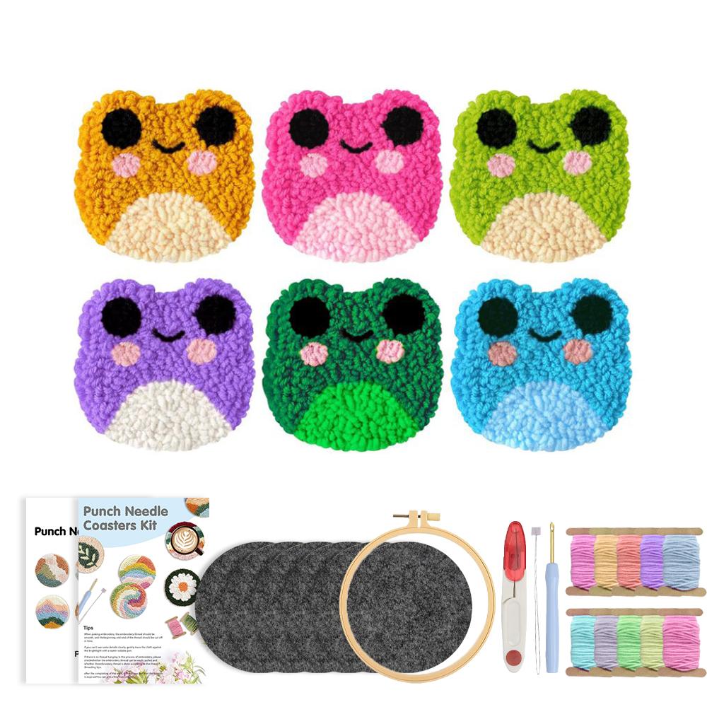 

Punch Needle Coaster Kit 6Pcs Animal Frog Punch Needle Embroidery Kits for Beginners Art Work Decor Coasters Kit