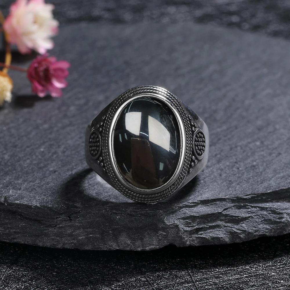 Vintage 925 Sterling Silver Black Onyx Ring Oval Shape Natural Stone Certified Fine Jewerly Retro Silver Rings for Women Men
